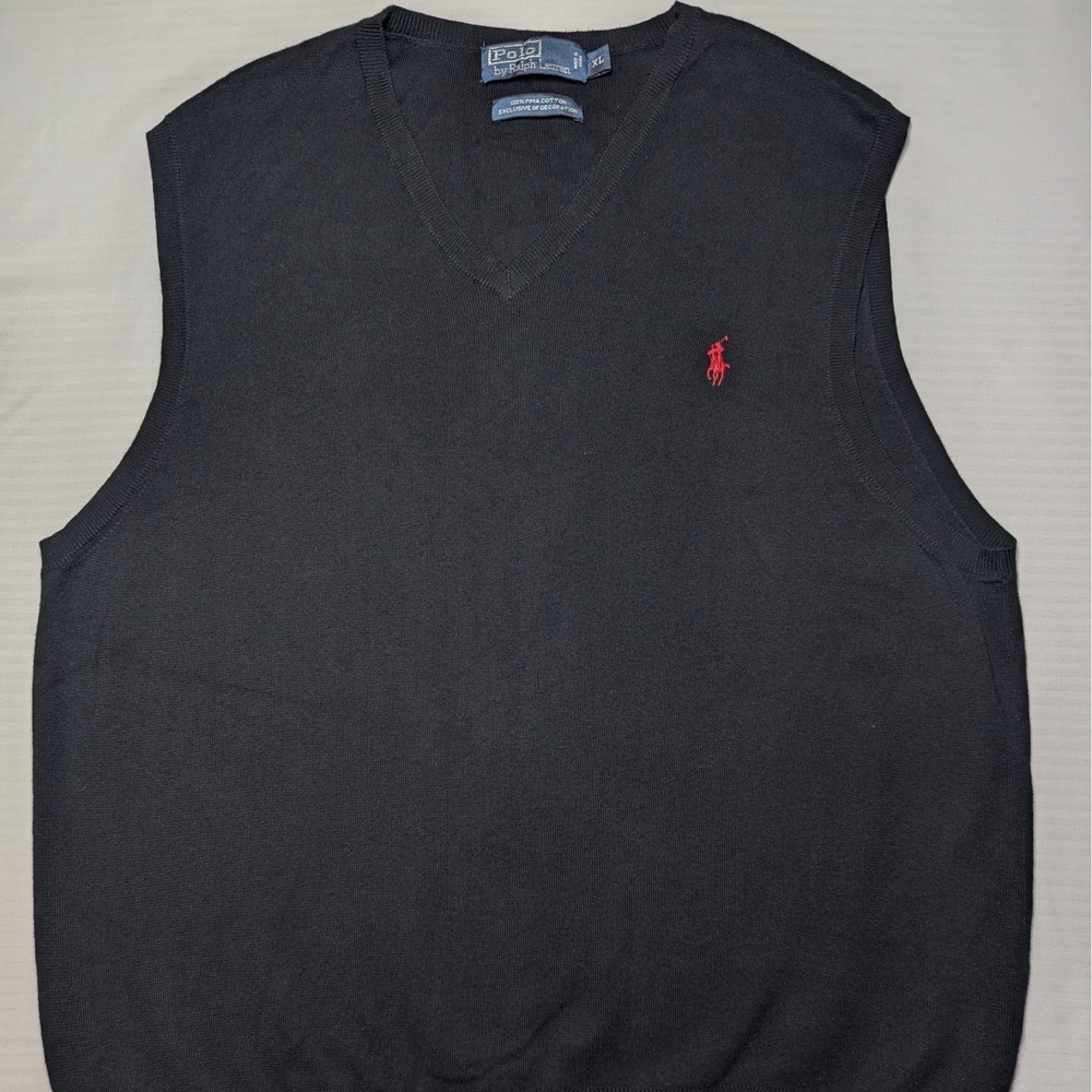 Polo Ralph Lauren Men XL Black Pima Cotton V-Neck Sweater Vest Red Pony Classic